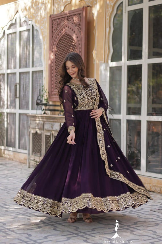 dark purple anarkali dress Dark Purple Silk Georgette Semi Stitched Anarkali Suit