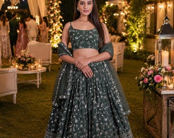 Dark Green Lehenga Choli for Women, Embroidered Party Wear Lehenga, Indian Wedding Dress, Bridesmaid Outfit, Designer Reception Lehenga.