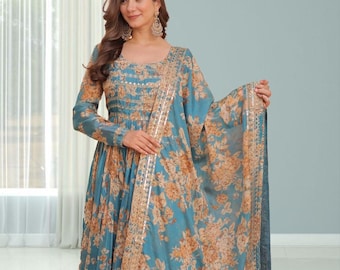 Sky Blue Floral Printed Gown,For Women Traditional Wear Long Gown Dress Indian wear.
