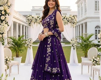 Lehenga Choli de georgette morado, bordado floral, atuendo de boda indio, vestido de fiesta