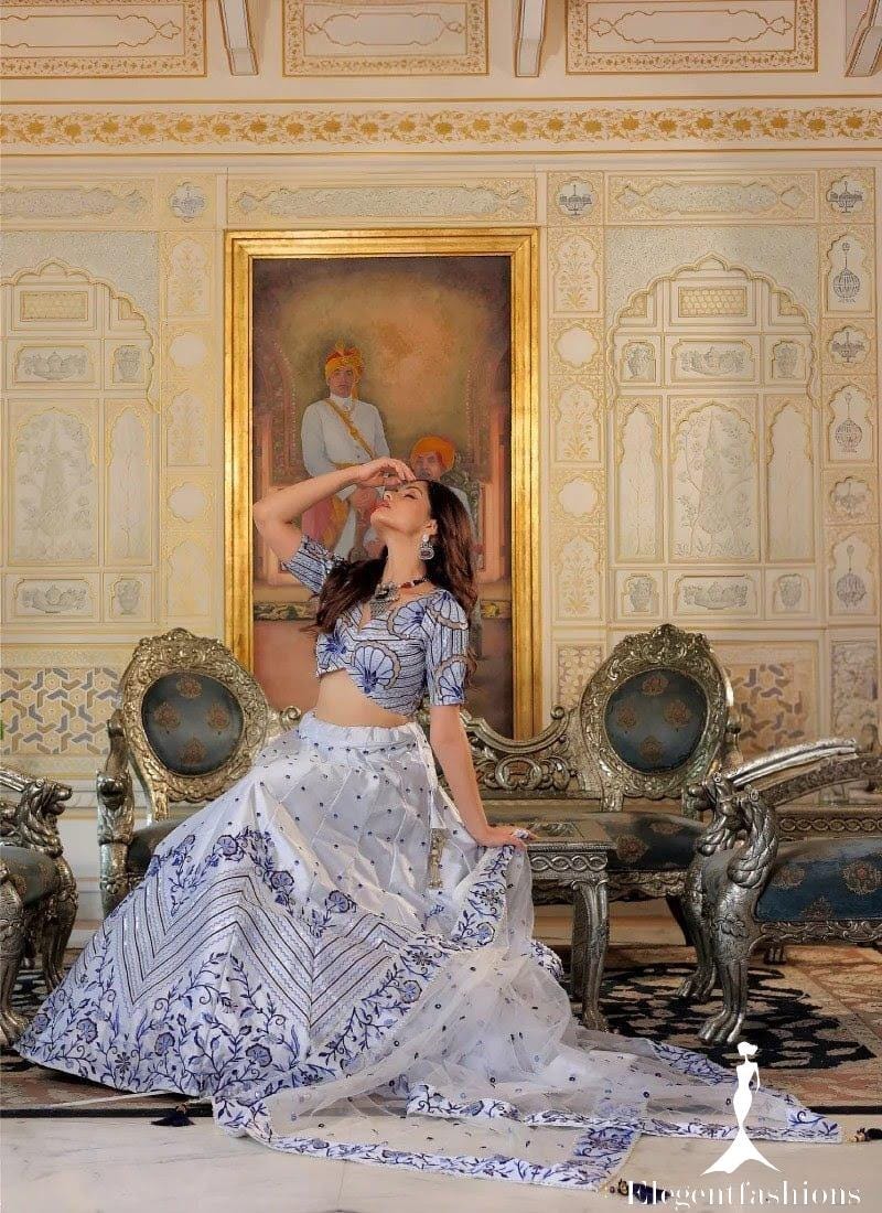 blue and white lehenga dress Odette Women White And Blue Georgette Sequins Semi Stitched Lehenga Ch