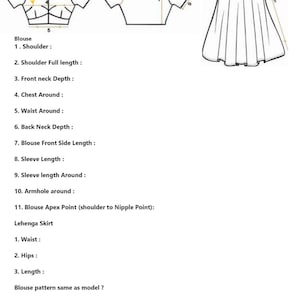 Op de afbeelding: Een zwart-wit lijntekeningdiagram met meetpunten voor een lehenga choli, inclusief een blousevoorkant, blouseachterkant en een uitlopende rok. De tekst somt specifieke lichaamsmaten op die nodig zijn voor het op maat maken van kleding.