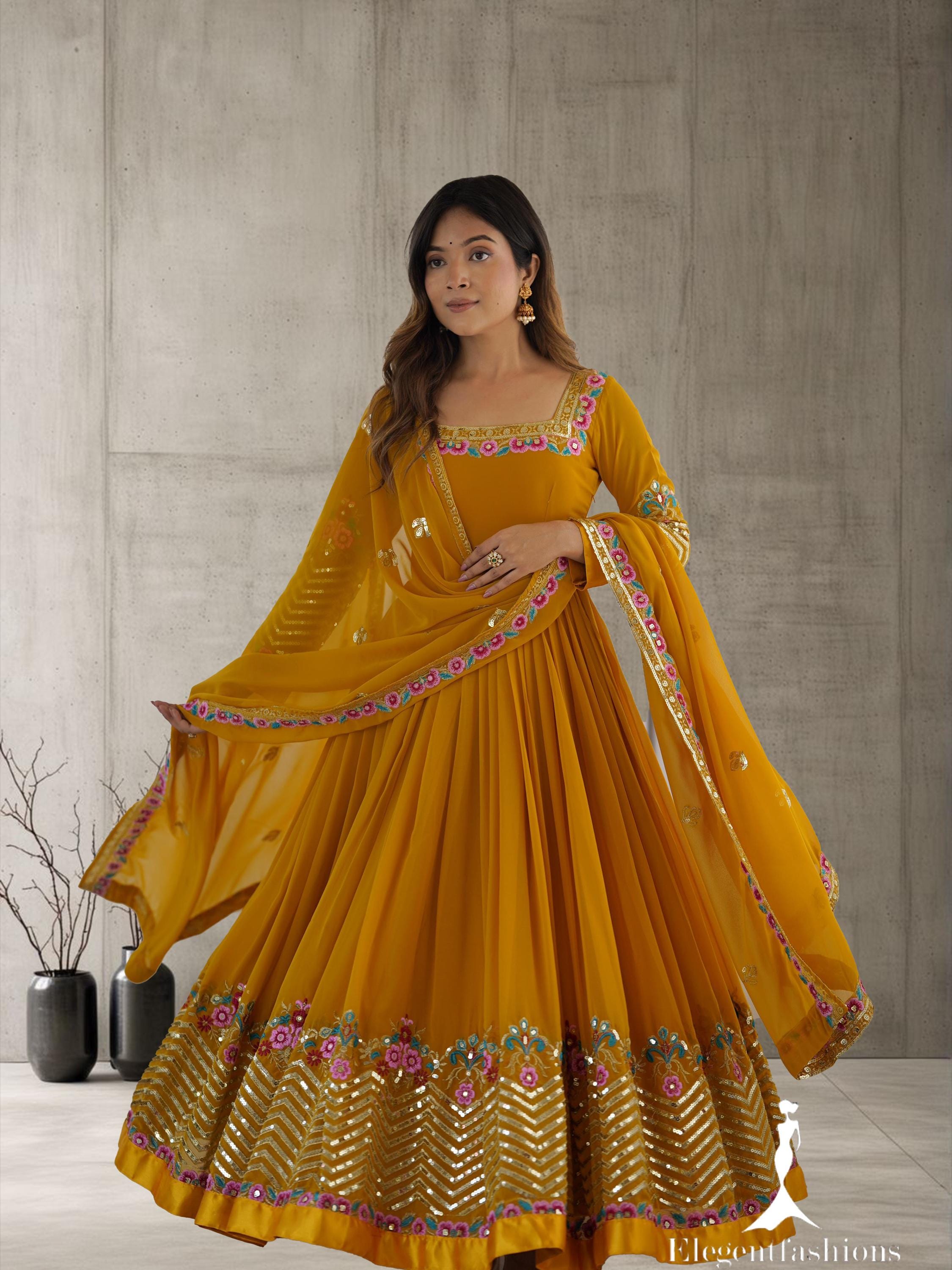 gold colour anarkali dress Yellow Floral Woven Silk Anarkali Gown main image 1