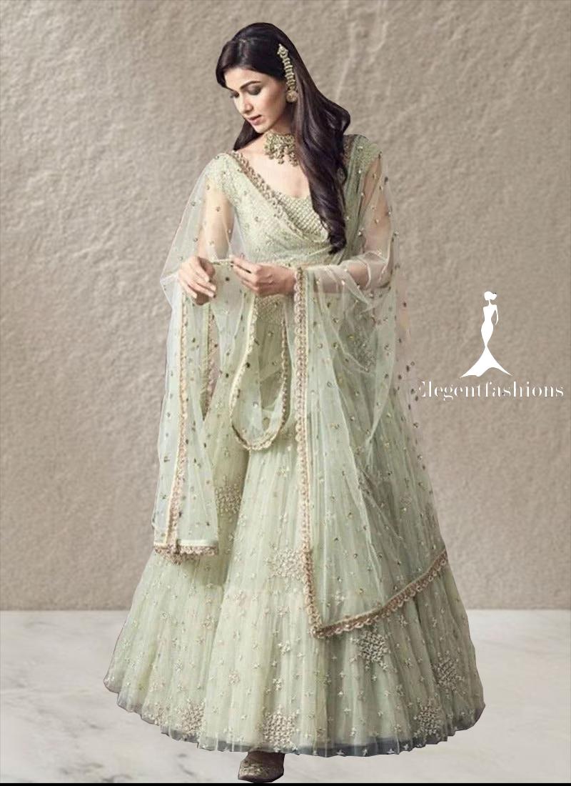 green emerald velvet dress Wedding wear Amazing Pista Green Color Printed Organza Silk Gown-manmohitfashion.com  – ManMohit Fashion main image 1