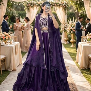 Lehenga Choli morado con dupatta tipo capa, traje de boda indio de diseñador, lehenga bordada para fiestas para mujer. imagen 1