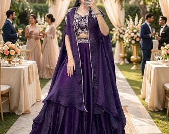 Purple Lehenga Choli with Cape Dupatta, Designer Indian Wedding Outfit, Embroidered Party Wear Lehenga for Women