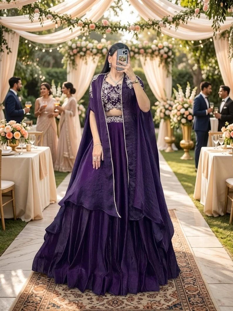 Lehenga Choli morado con dupatta tipo capa, traje de boda indio de diseñador, lehenga bordada para fiestas para mujer. imagen 1