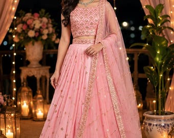 Lehenga Choli rose brodé en georgette, tenue de demoiselle d'honneur pour un mariage indien