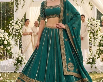 Zielona haftowana Lehenga Choli, strój na indyjskie wesele