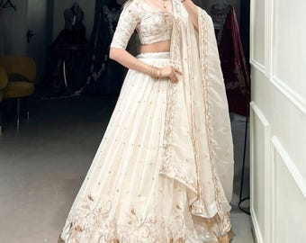 Ivory White Lehenga Choli Set, Bridal Reception Lehenga, Designer Indian Wedding Outfit, Embroidered Lehenga with Dupatta.