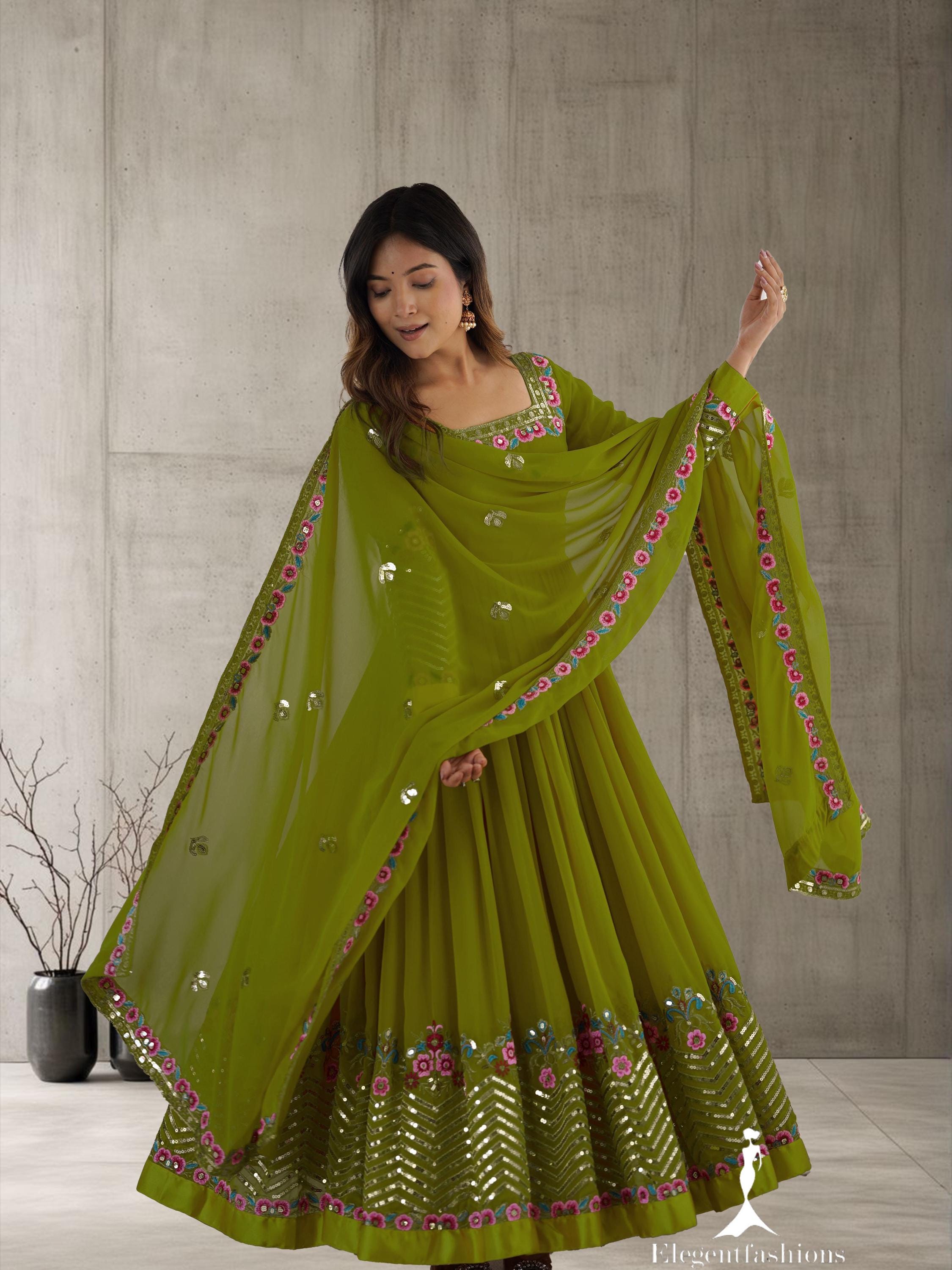 open lace back dress Olive Green Georgette Anarkali Suit Set main image 1