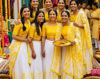 Yellow Tie Dye Lehenga Choli for Women, Haldi Ceremony Outfit, Indian Wedding Dress with Dupatta.