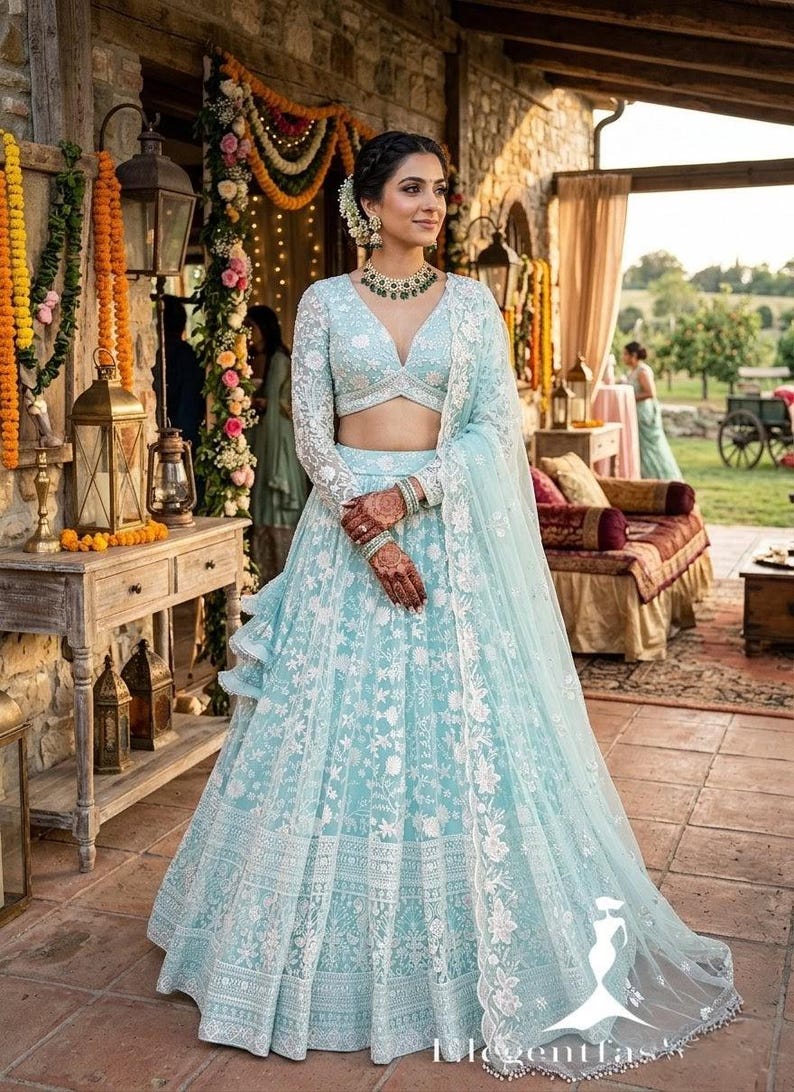 May include: A light blue bridal lehenga with intricate white floral embroidery. The ensemble includes a long-sleeved, V-neck top and a flowing skirt. A matching sheer dupatta completes the look. The outfit is suitable for weddings and special occasions.