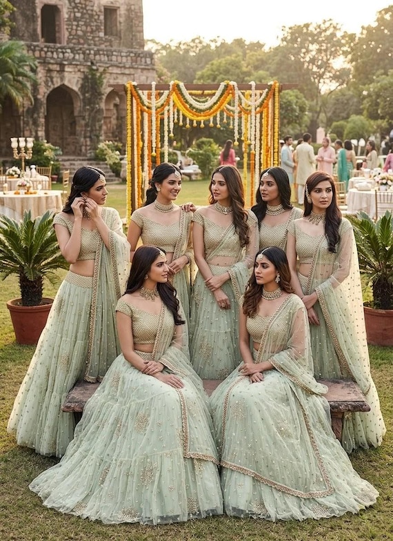 sage green indian bridesmaid dresses Lehenga Choli Set, Pastel Bridal Lehenga, Embroidered Net Lehenga With Dupatta, Wedding Outfit Zari Multi Embroidered work فستان مناسبات طويل شالكي The Best Sparkly New color:heather grey