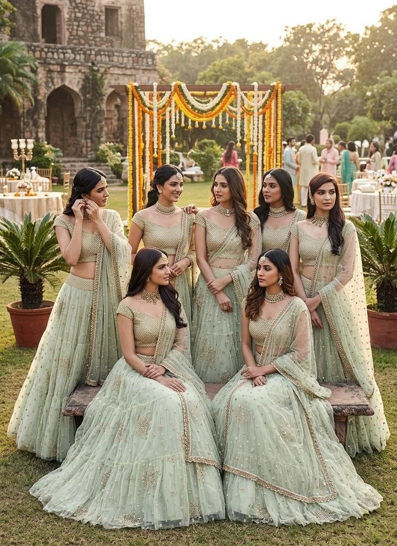 Op de afbeelding: Zeven personen dragen bijpassende licht saliegroene lehenga's met ingewikkeld goudborduurwerk, pailletten en transparante dupatta's. Elk ensemble bestaat uit een blouse met korte mouwen en een volumineuze rok met meerdere lagen.