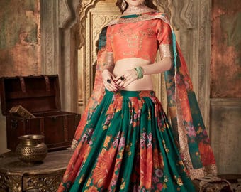 Floral Print Lehenga Choli for Women, Green Indian Wedding Dress, Designer Pakistani Lehenga, Festive Ethnic Outfit, Bridal Party Wear.