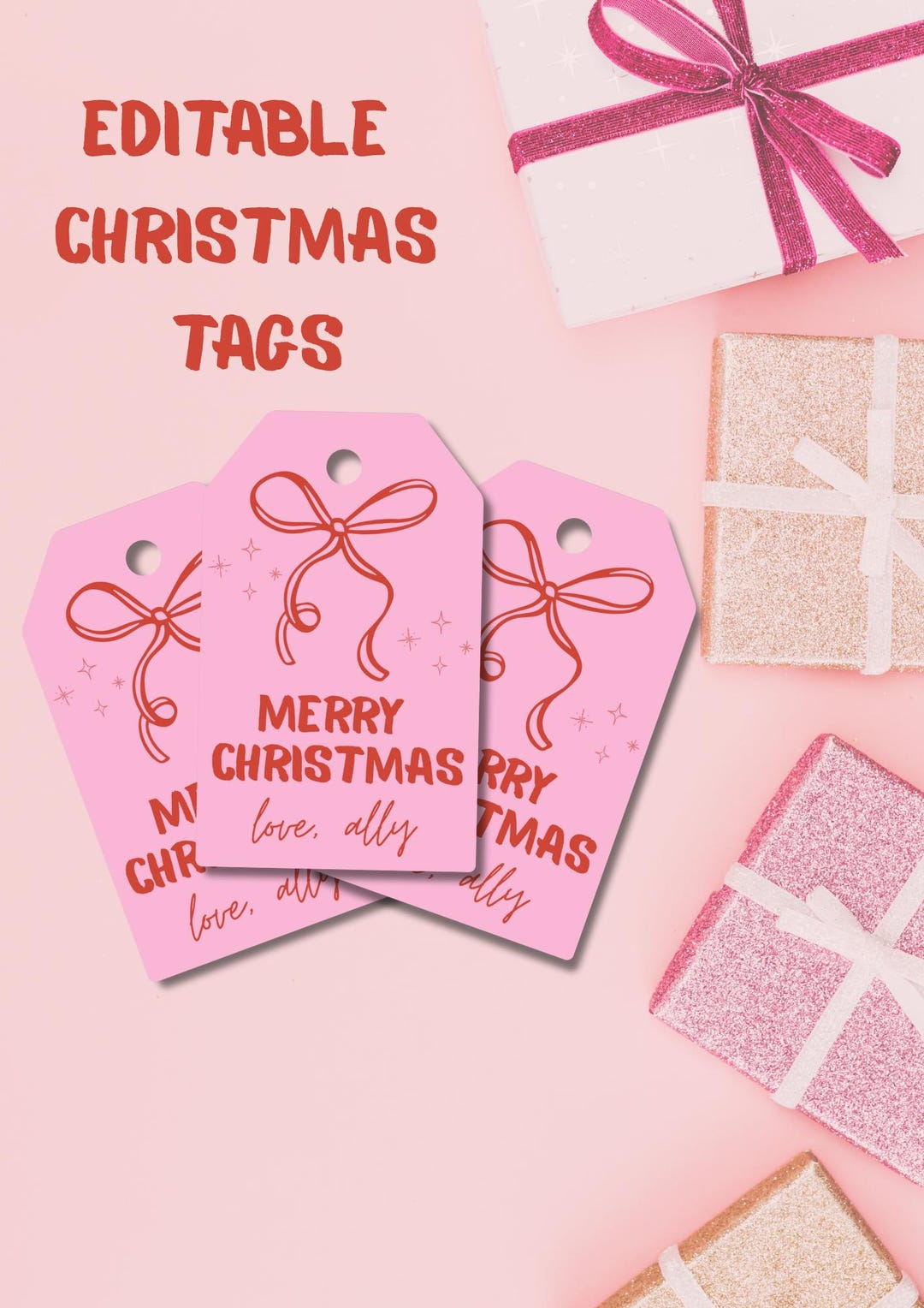 Editable Pink Christmas Gift Tags | Retro Bow (A4 PDF) - Etsy