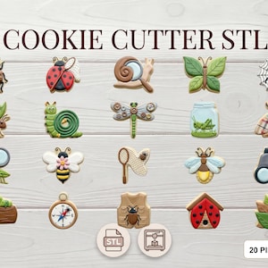 Puede incluir: Un conjunto de 20 cortadores de galletas con forma de insectos, como una mariquita, una mariposa y una abeja, dispuestos sobre una superficie de madera clara. El texto "COOKIE CUTTER STL" está en la parte superior. Incluye varios diseños de insectos.