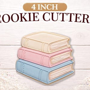 May include: Stack of three 4-inch cookie cutters shaped like books. The top book is beige, the middle is pink, and the bottom is light blue. The text "4 INCH COOKIE CUTTERS" is above the cutters.
