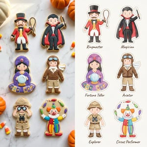 May include: Six decorated cookies and six matching illustrations depicting a ringmaster, magician, fortune teller, aviator, explorer, and circus performer. The characters are dressed in thematic outfits with accessories like a whip, wand, crystal ball, goggles, binoculars, and juggling pins.