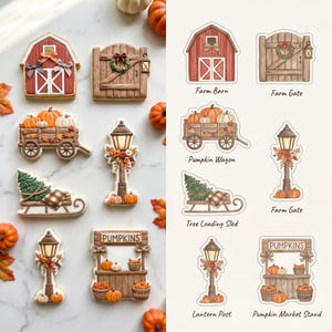 May include: A collection of autumn-themed cookies and corresponding illustrations labeled Farm Barn, Farm Gate, Pumpkin Wagon, Tree Loading Sled, Lantern Post, and Pumpkin Market Stand. The designs feature red barns, wooden gates, wagons with pumpkins, sleds with trees, ornate lanterns, and market stalls.