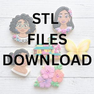 Può includere: Assortimento di biscotti decorati a forma di personaggi dei cartoni animati, una casa, una farfalla e fiori. I biscotti sono disposti su una superficie di colore chiaro. Le parole "STL FILES DOWNLOAD" sono stampate in grandi lettere nere sull'immagine.