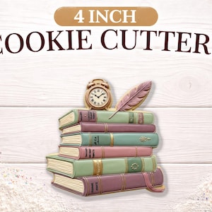 May include: A stack of cookie cutters shaped like books, a clock, and a feather. The cookie cutters are 4 inches in size and are in shades of green, pink, and purple. The text "4 INCH COOKIE CUTTERS" is at the top.