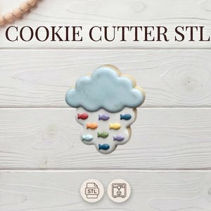 May include: A cloud-shaped cookie cutter with colorful fish designs. The cookie cutter is light blue with a cloud shape and has several small, colorful fish. The text "COOKIE CUTTER STL" is at the top.