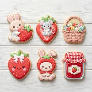 May include: A collection of decorated sugar cookies in the shape of a bunny with a strawberry, a mouse in a strawberry, a basket of flowers, a strawberry with a bow, a bunny in a strawberry costume, and a jar of jam.