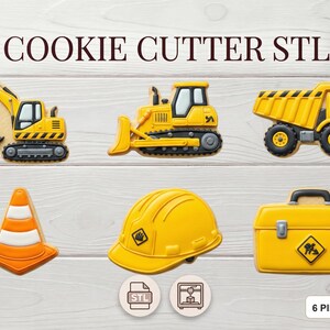 Op de afbeelding: Een verzameling gele koekjessnijders met een bouwthema, waaronder een graafmachine, een bulldozer, een dumper, een verkeerskegel, een helm en een gereedschapskist. De tekst "COOKIE CUTTER STL" staat boven de snijders.
