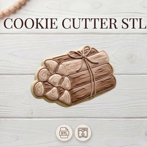 Pode incluir: Cortador de biscoitos castanho em forma de pilha de toras, amarradas com um laço. O texto "COOKIE CUTTER STL" está no topo. A imagem está em um fundo de madeira branca. Ideal para assar biscoitos.