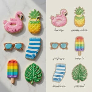 May include: A collection of summer-themed cookies, including a pink flamingo float, a pineapple drink, sunglasses, a popsicle, a beach towel, and a green palm leaf. The cookies are decorated with vibrant colors and detailed designs.