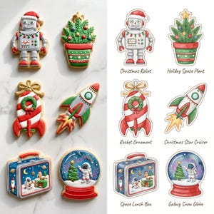 May include: Six decorated sugar cookies and their corresponding illustrations labeled Christmas Robot, Holiday Space Plant, Rocket Ornament, Christmas Star Cruiser, Space Lunch Box, and Galaxy Snow Globe. The cookies feature festive space-themed designs.