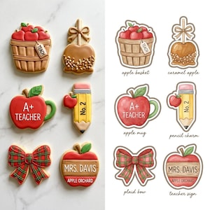 May include: Six decorated cookies and their corresponding illustrations: a basket of red apples with a TEACH tag, a caramel apple with a bow, an apple-shaped mug labeled A+ TEACHER, a pencil labeled No. 2, a plaid bow, and an apple labeled MRS. DAVIS APPLE ORCHARD.