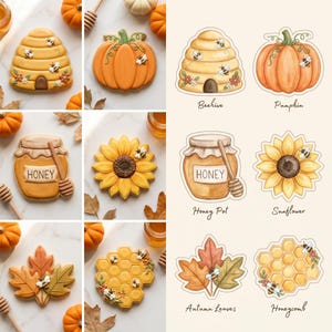 May include: A collection of six autumn-themed cookies and matching illustrations featuring a beehive, pumpkin, honey pot, sunflower, autumn leaves, and honeycomb. Each item is decorated with honeybees and floral accents in shades of orange, yellow, and brown.