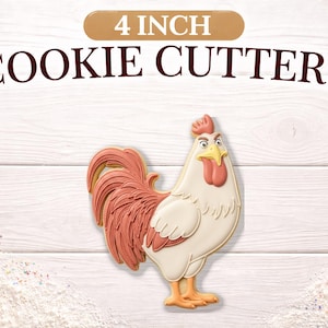 May include: A 4-inch rooster cookie cutter. The cookie cutter is shaped like a cartoon rooster with a red comb and wattle, a yellow beak, and a white body with a red and brown tail. The text "4 INCH COOKIE CUTTERS" is above the cookie cutter.