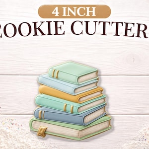 May include: A stack of six book-shaped cookie cutters, each approximately 4 inches in size. The cutters are in various pastel colors, including green, blue, and yellow, with gold accents. The text "4 INCH COOKIE CUTTERS" is displayed above the cutters.