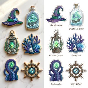 May include: A collection of six nautical-themed cookies and matching stickers featuring a purple witch hat, a ghost ship in a bottle, a lantern, coral with a skull, an octopus tentacle with a green orb, and a ship's wheel with a ghost compass.