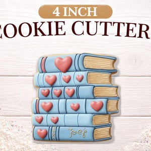 May include: A stack of six light blue cookie cutters shaped like books, each adorned with a pink heart. The cookie cutters are 4 inches in size. The word "poet" is written on the bottom book. The text "4 INCH COOKIE CUTTERS" is at the top.