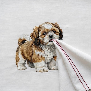 Peut inclure: Image brodée d'un chiot Shih Tzu avec une fourrure marron et blanche, tenant une serviette blanche avec des rayures bordeaux dans sa bouche. Le chiot est sur un fond blanc, créant un design charmant et détaillé.