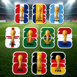 May include: A collection of FIFA World Cup trophy stickers featuring the flags of France, Romania, Argentina, England, Portugal, Brazil, Netherlands, Morocco, Belgium, and Germany. Each sticker has a gold trophy and the word "FIFA".