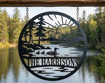 Custom Loon Lake Metal Sign, Personalized Name Lake Decor, Lake Decor Metal Hanging Sign, Cabin Lake House Decor, Loon Lover Gift,Loon Decor