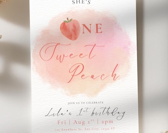 Peach First Birthday Invitation, One Sweet Peach Editable Invite, Watercolor Peach Invitation Template Pink Summer Fruit, Digital Download