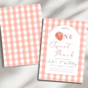 One Sweet Peach Birthday Invitation, Peach First Birthday Editable Invitation, Watercolor Peach Invitation, Gingham Invite, Digital Download