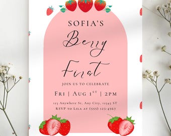 Berry First Birthday Invitation, Strawberry Editable 1st Birthday Girl Invite, Printable Fruit Birthday Invitation Canva Template