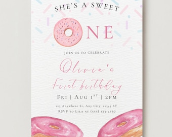 Sweet One Donut Birthday Invitation, Pink Doughnut Girl 1st Birthday Dessert Sweets Theme Editable Canva Invite Template, Printable Download