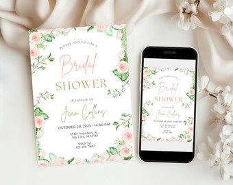 Invitación imprimible para despedida de soltera con rosas, invitación para despedida de soltera con rosas rosas, despedida de soltera floral editable en EVTP, descarga digital