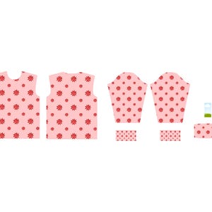 May include: A flat lay of pink fabric pieces with a red floral pattern, including a sleeveless top, sleeves, and smaller rectangular pieces. Two small glass containers with green and blue accents are also present.