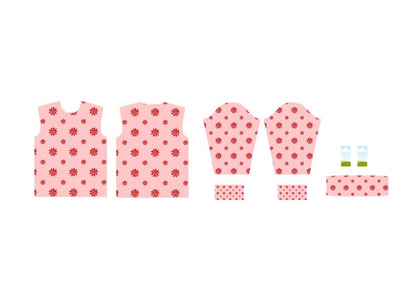 May include: A flat lay of pink fabric pieces with a red floral pattern, including a sleeveless top, sleeves, and smaller rectangular pieces. Two small glass containers with green and blue accents are also present.