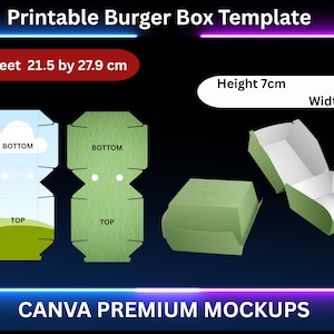 Peut inclure: Modèle de boîte à burger imprimable avec dimensions. La feuille de format est de 21,5 x 27,9 cm. La boîte assemblée mesure 7 cm de hauteur et de largeur. Comprend une conception à plat et une maquette de la boîte assemblée.